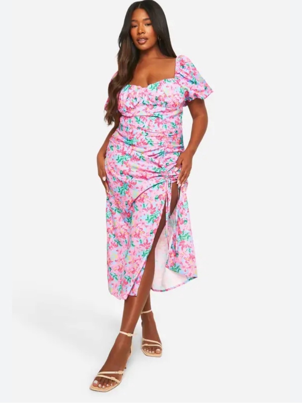 Boohoo Woven Floral Ruffled Ruched Sleeve Dress Size 12